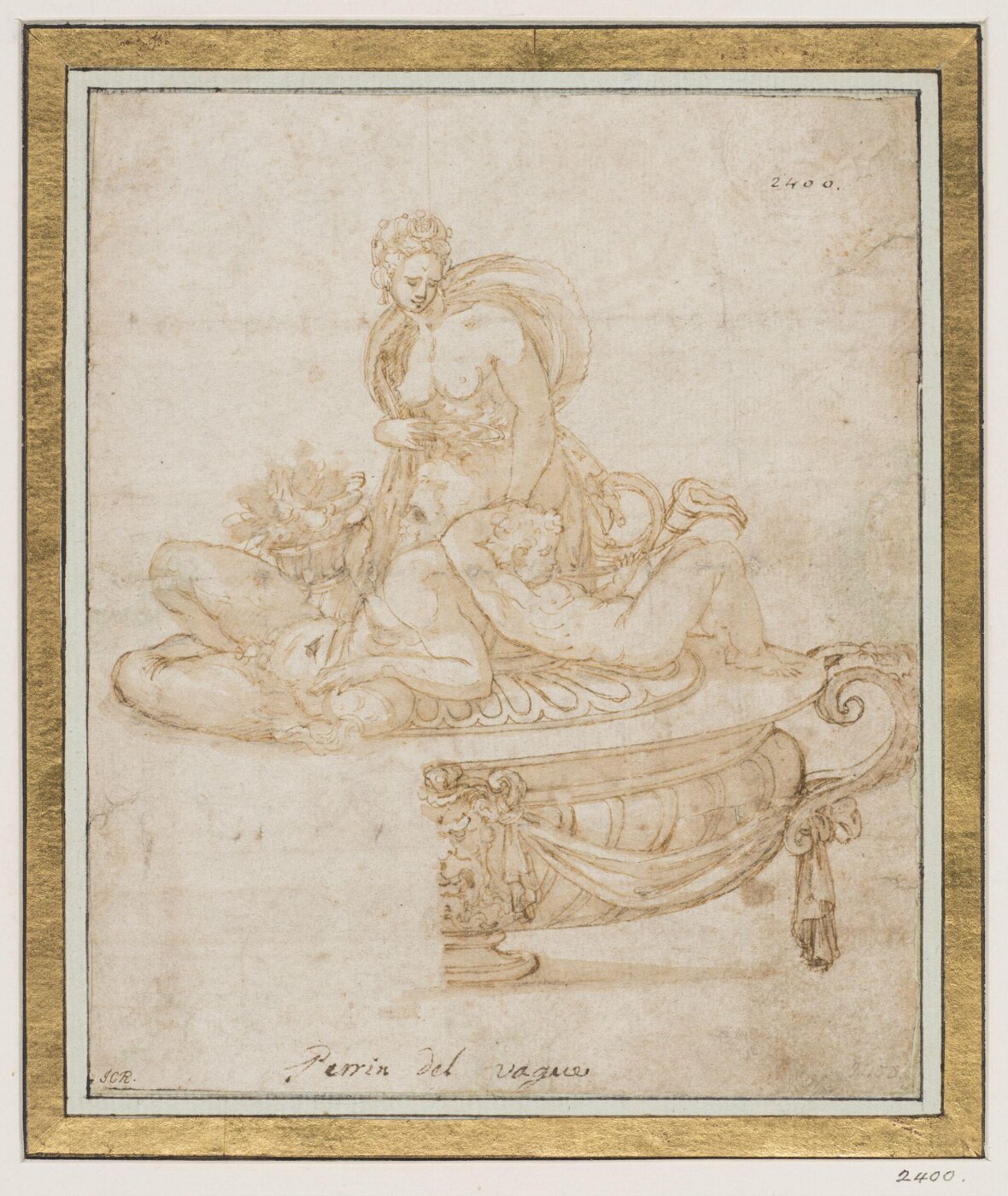 Perino del Vaga, Design for a dish and cover, with Selene, Endymion and a river god on the cover
