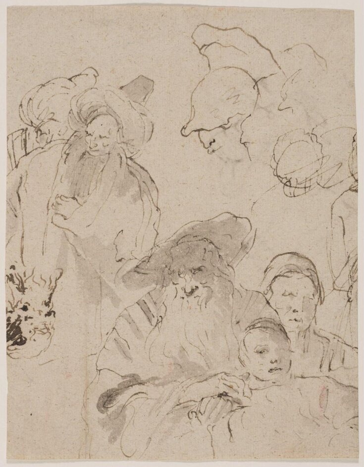 Recto: Head and shoulders studies of old men, a youth and soldiers; verso: Slight sketches of a bearded man's head and three caps top image