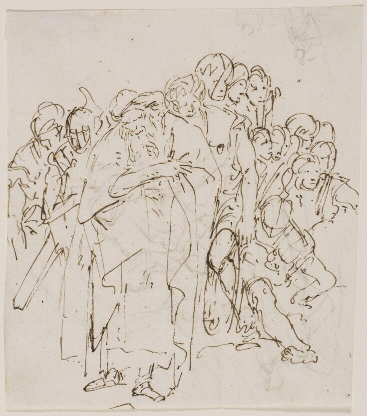 Recto: A large group of men seen behind an old bearded man in cloak and turban; verso: A slight sketch, perhaps a 'Hagar in the desert' top image