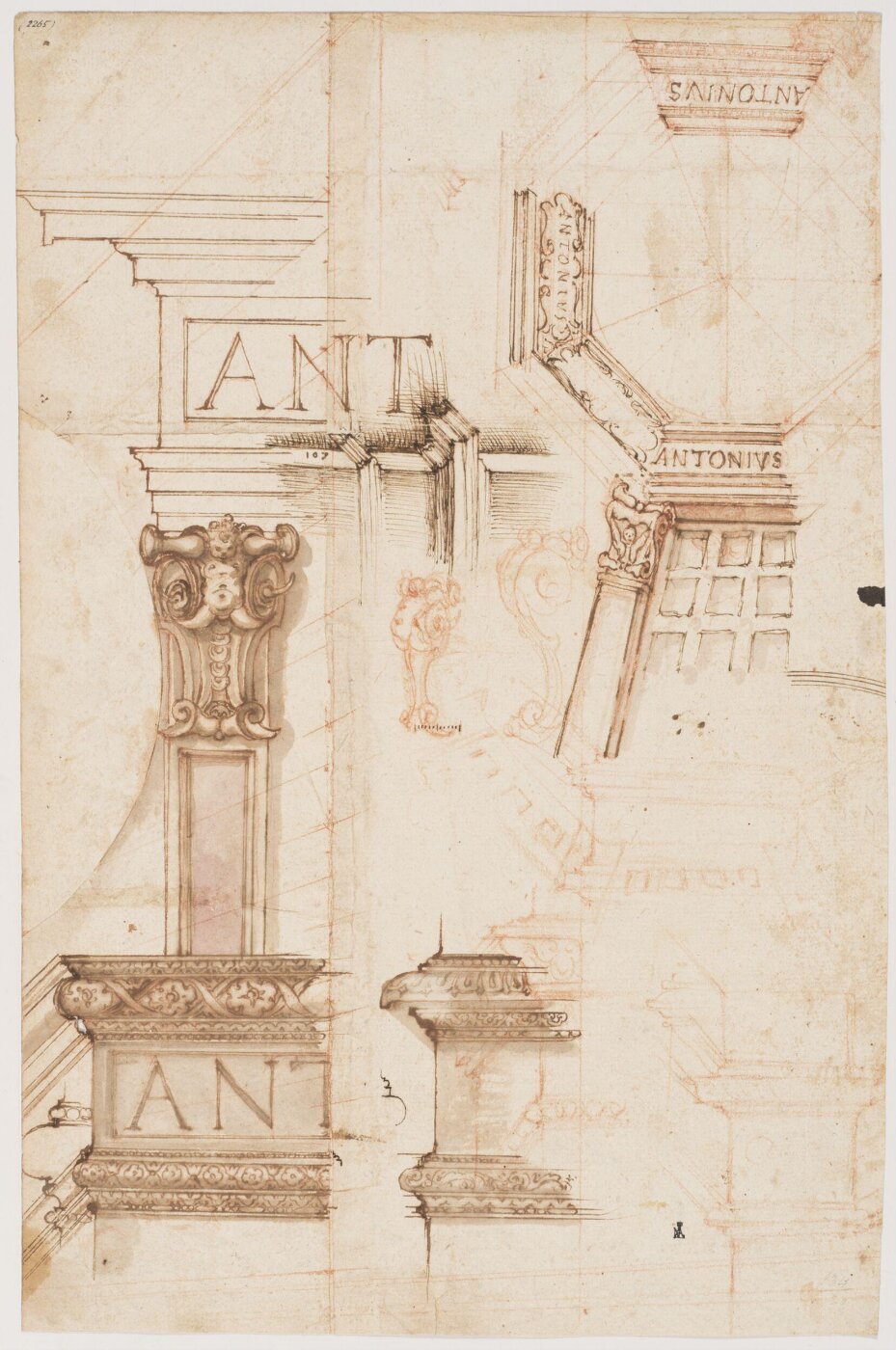 Unknown, Sketch designs for an octagonal ceiling and various entablatures