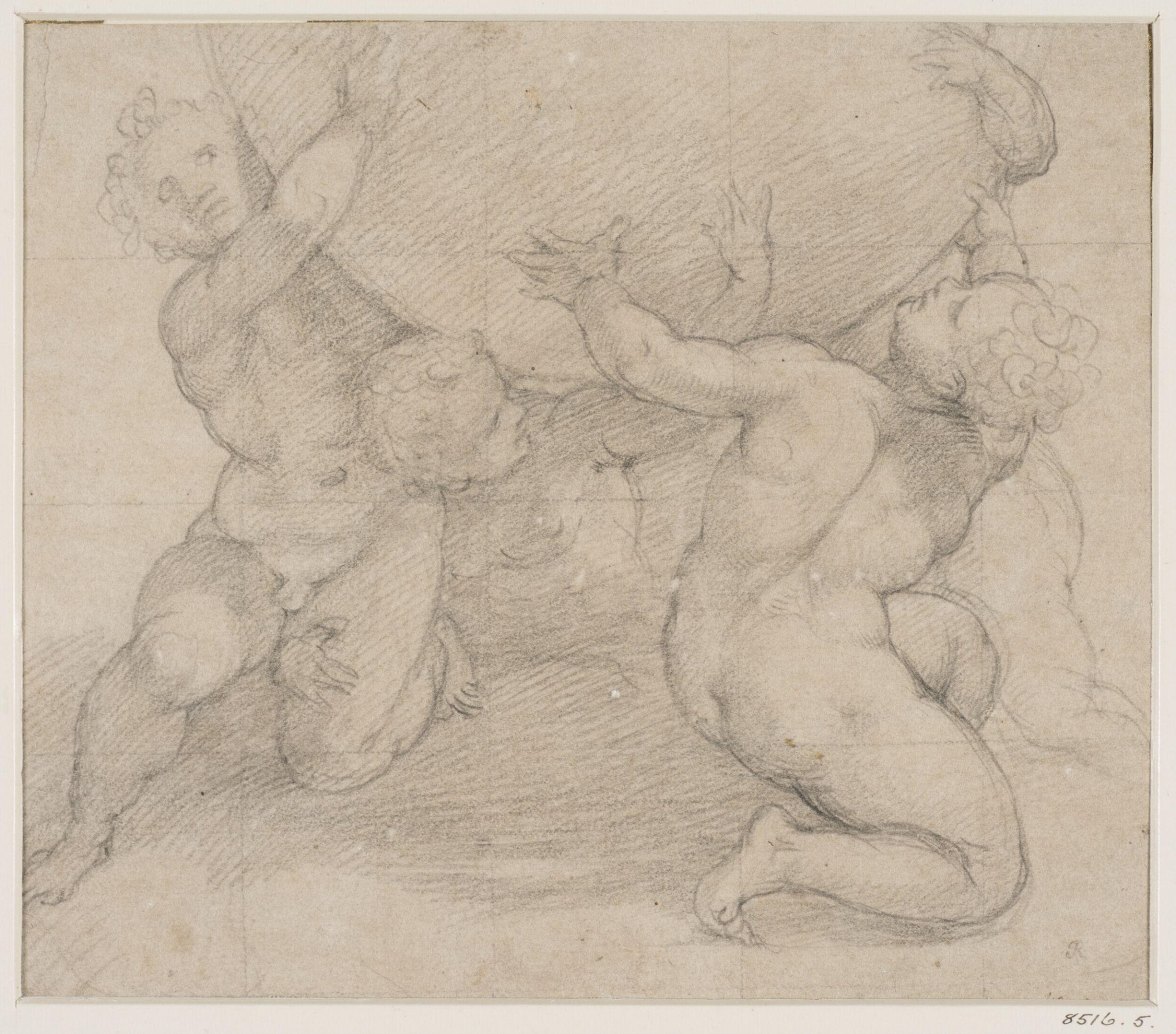 Four kneeling putti supporting a globe: study for the lower part of a painting representing the Trinity, Orazio Samacchini, 1532-1577