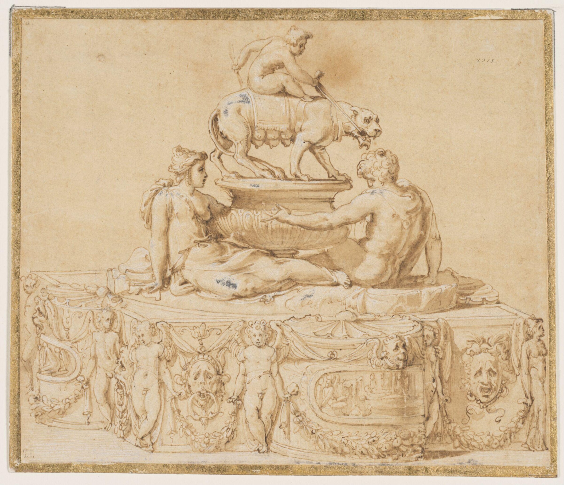 Design for a casket, with two semi-nude mythological figures reclining on the lid and a putto riding on a lioness, Francesco Salviati, mid 16th century