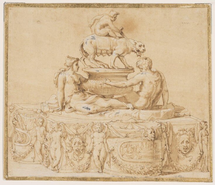 Design for a casket, with two semi-nude mythological figures reclining on the lid and a putto riding on a lioness top image