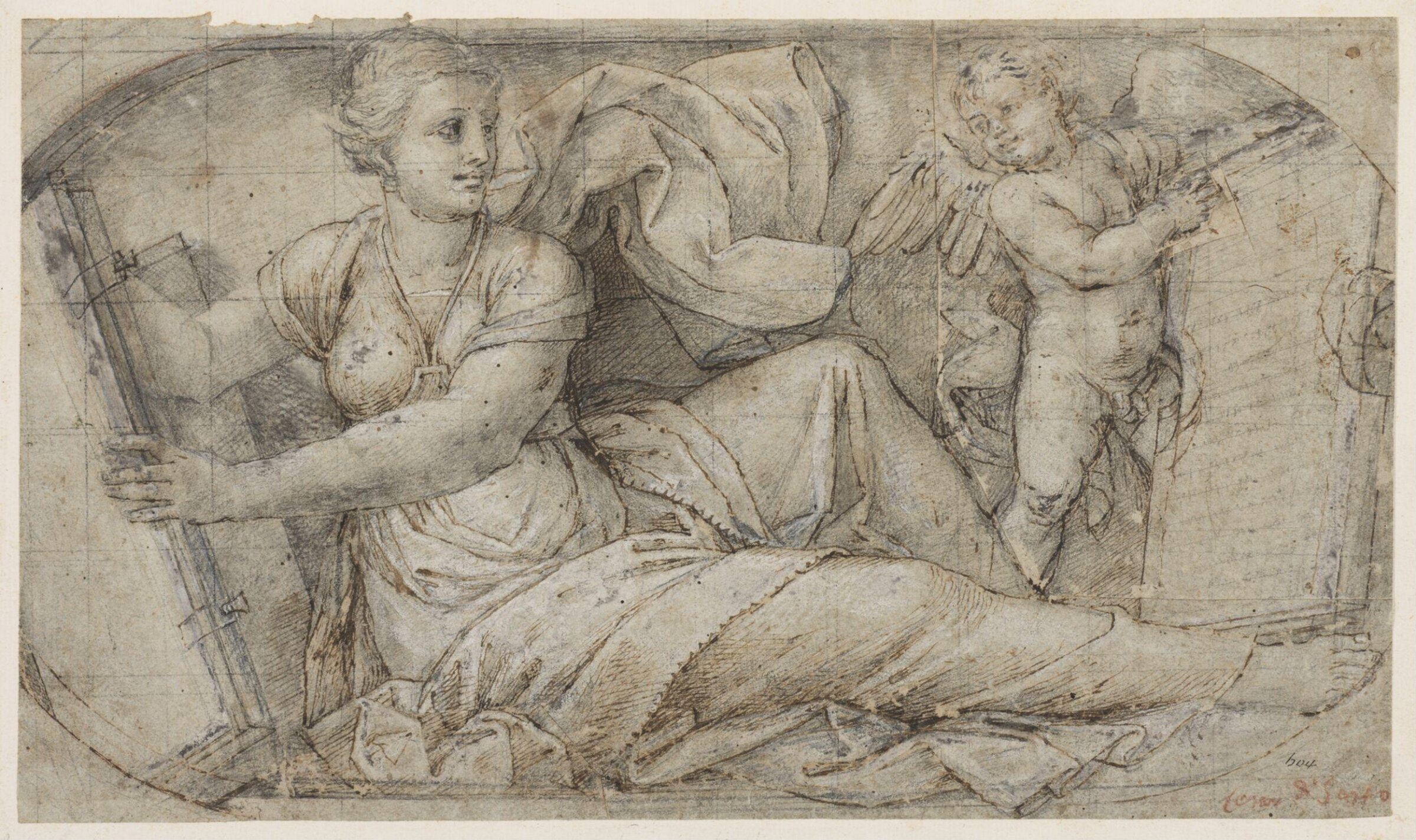 Reclining sibyl holding a book, with a winged putto supporting an inscribed tablet, Bernardino Gatti, 16th century
