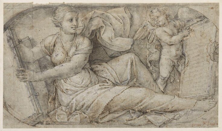 Reclining sibyl holding a book, with a winged putto supporting an inscribed tablet top image