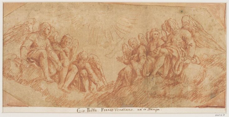 Two groups of angels seated on clouds, in a semi-circle, beneath an auriole top image