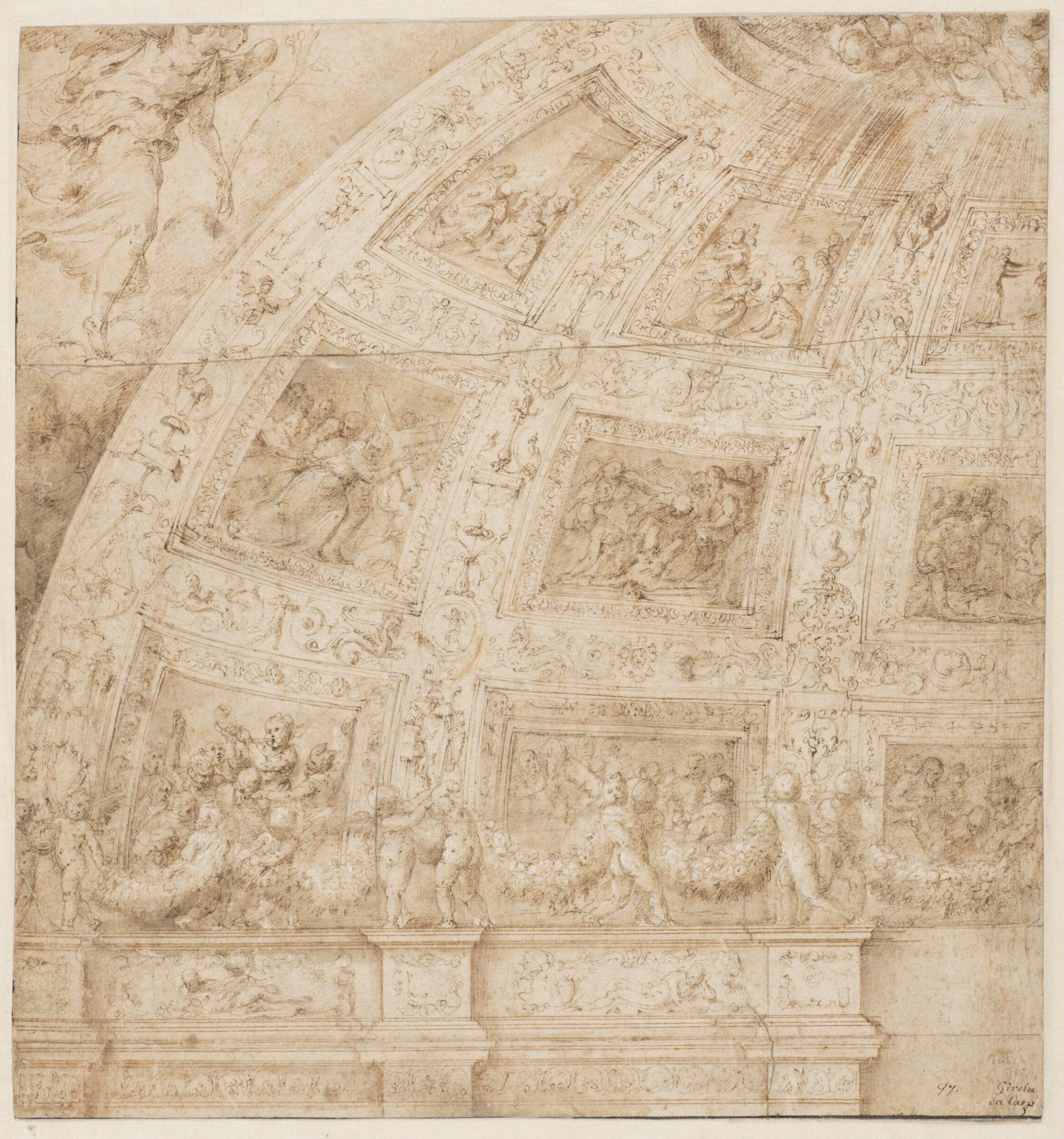 Design for decorating the semidome of an apse, with scenes from the life of Christ represented in the caissons, including the Nativity, the Adoration of the Sheperds or the Magi (in the top row), the Road to Calvary, Christ nailed to the cross and the Burial (in the middle row), Battista Franco, first half 16th century