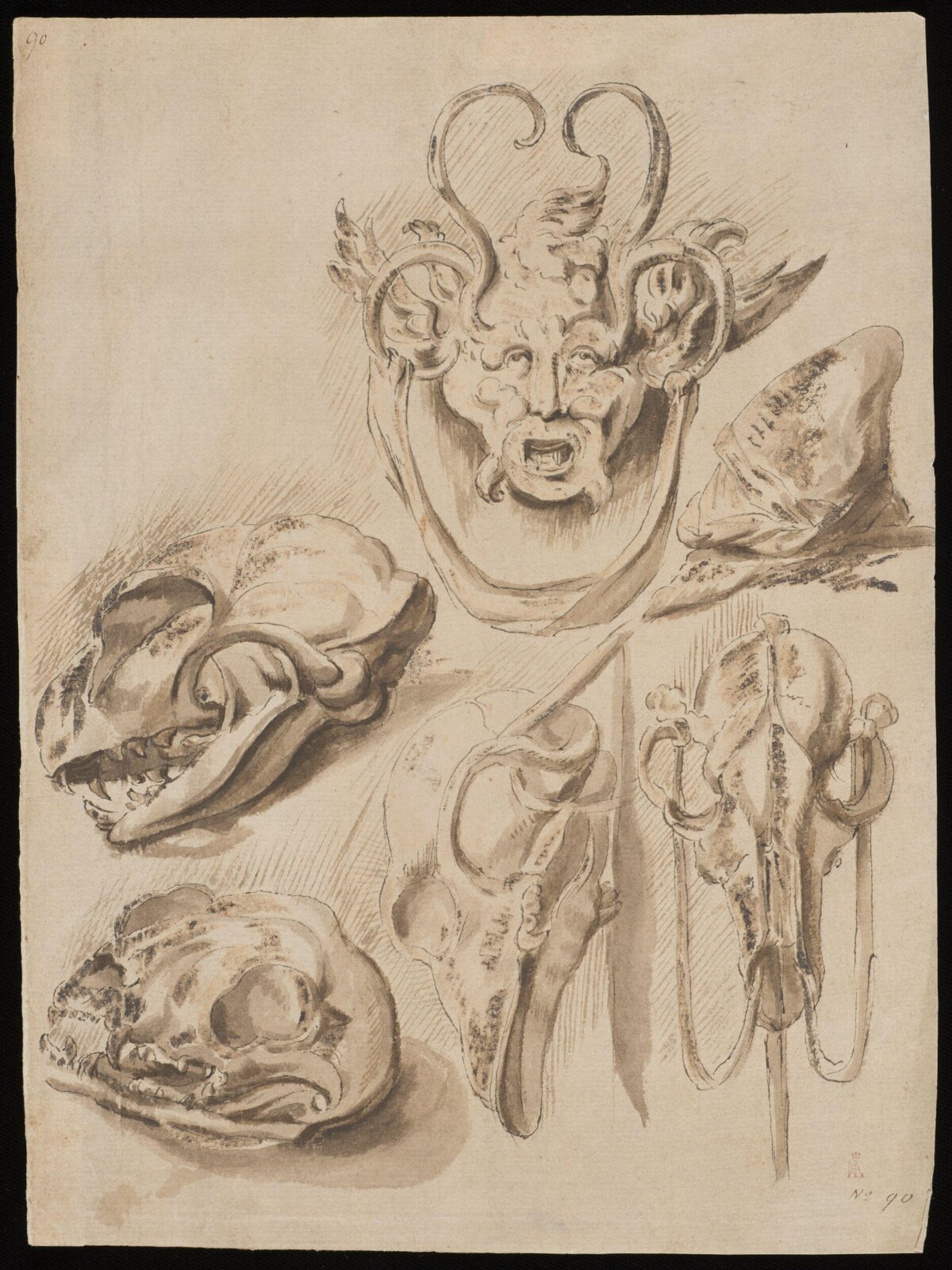grotesque mask and animal skull, 16th century - 17th century