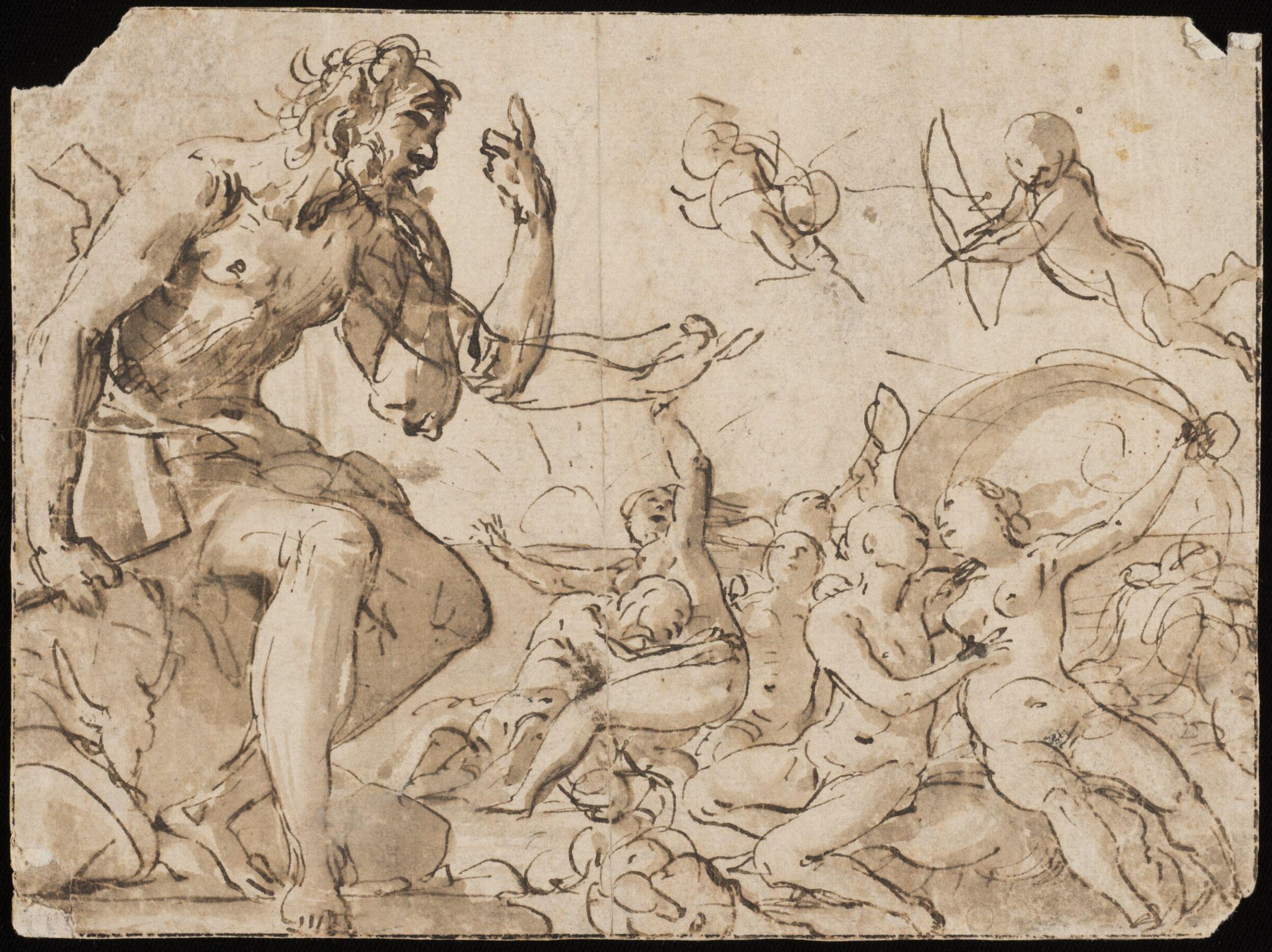 Sea-nymphs playing with tritons and a man; on the left a semi-draped giant, holding a book or stone, seated on a rock; possibly Polyphemus with Acis and Galatea, Giovanni Baglione, First half 17th century