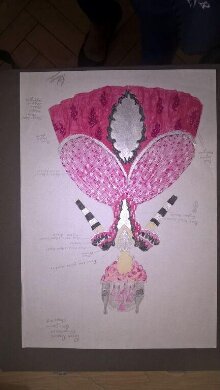 Design by Nigel Ellacott for a costume to be worn by Peter Robbins as an Ugly Sister in Cinderella thumbnail 1