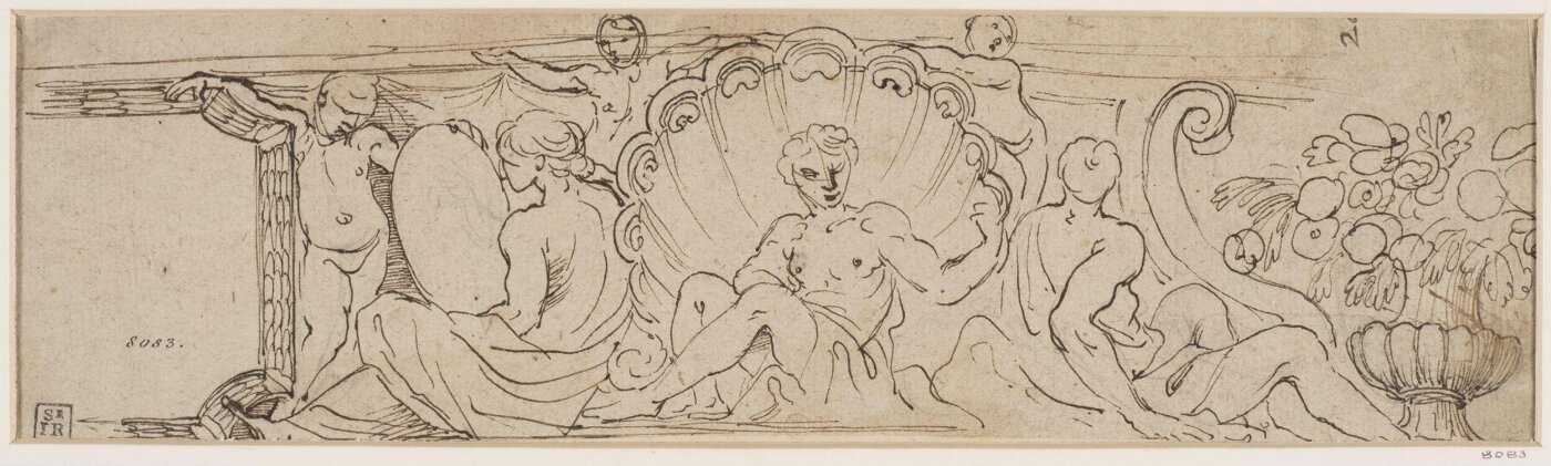 Unknown, Design for a frieze, with reclining figures and standing putti supporting a shell and a cartouche