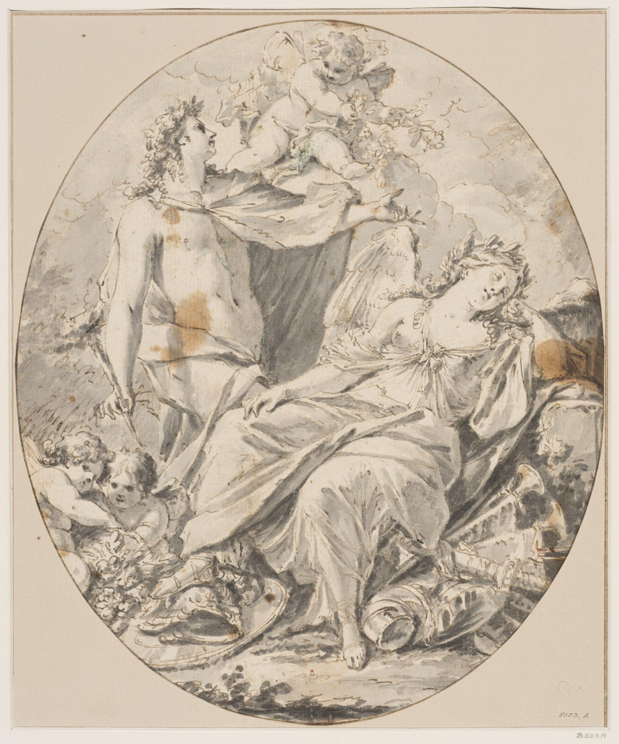 A winged girl lies asleep upon a pile of armour, while a youth holding a dart watches over her, Bartolomeo Palombo, 17th century