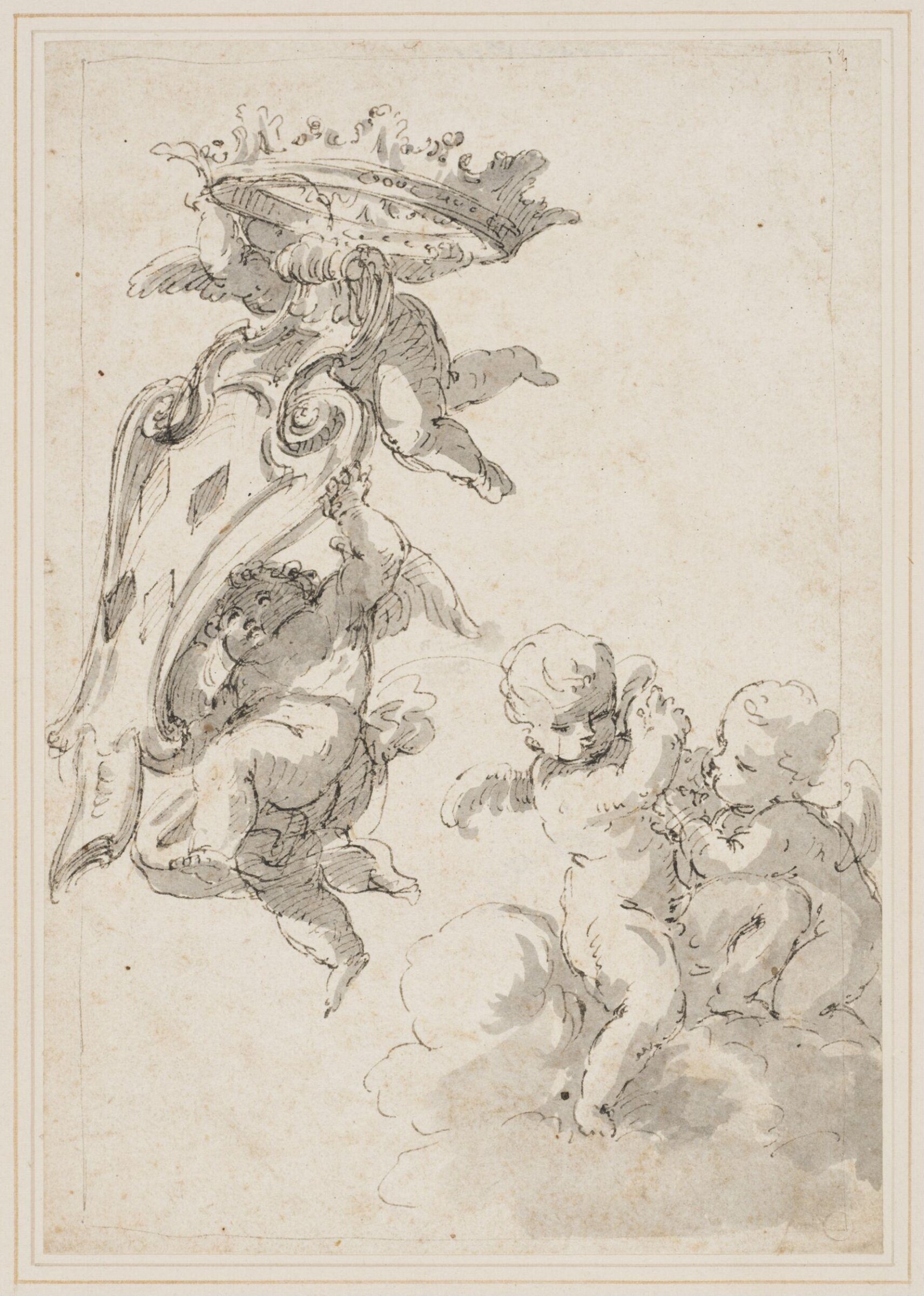 An armorial shield and crown carried up into the sky by a group of winged putti, Corrado Giaquinto, 1703-c.1765