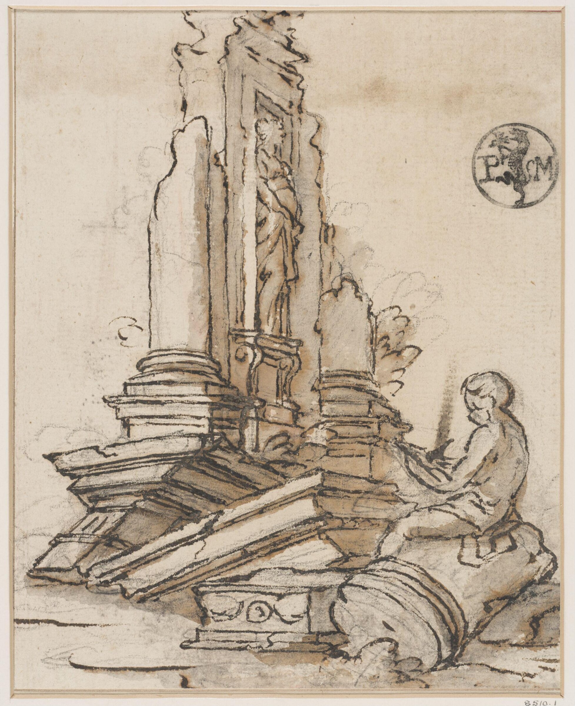 A boy writing or drawing, seated on a fallen column before a ruined niche containing a sculptured figure of a woman, Gennaro Landi, late 18th century