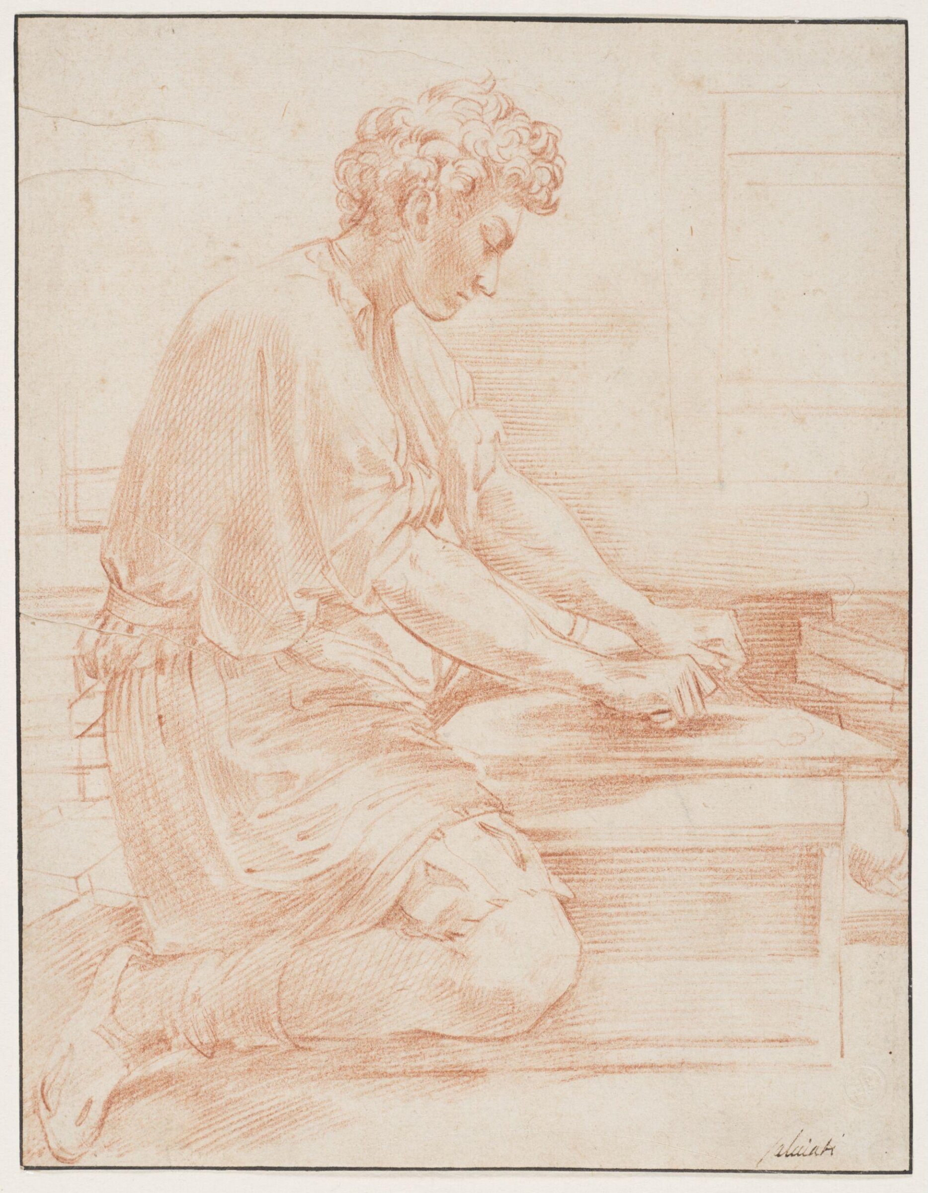 A garzone grinding pigments, Parmigianino, 1530s
