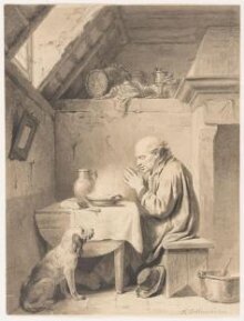 An Old Man, Watched by his Dog, Saying Grace at a Table in a Cottage thumbnail 1