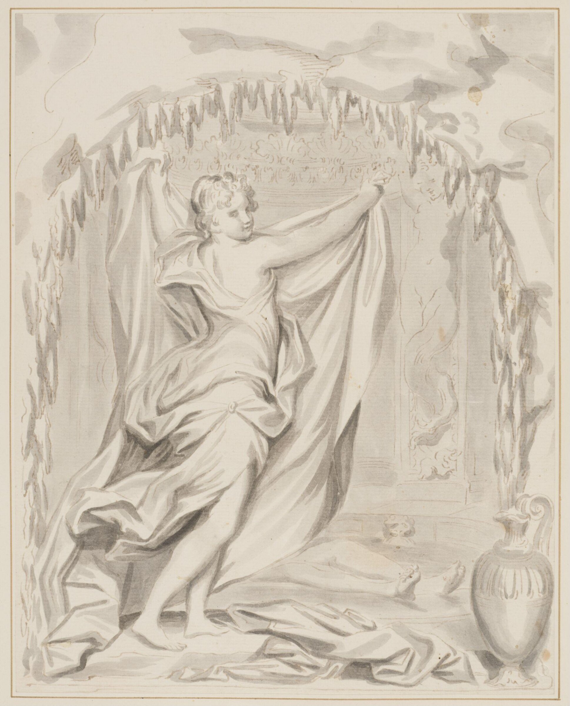 A clothed girl holding up a curtain to screen a nude figure in a bath, Domenico Parodi, 1668-1740