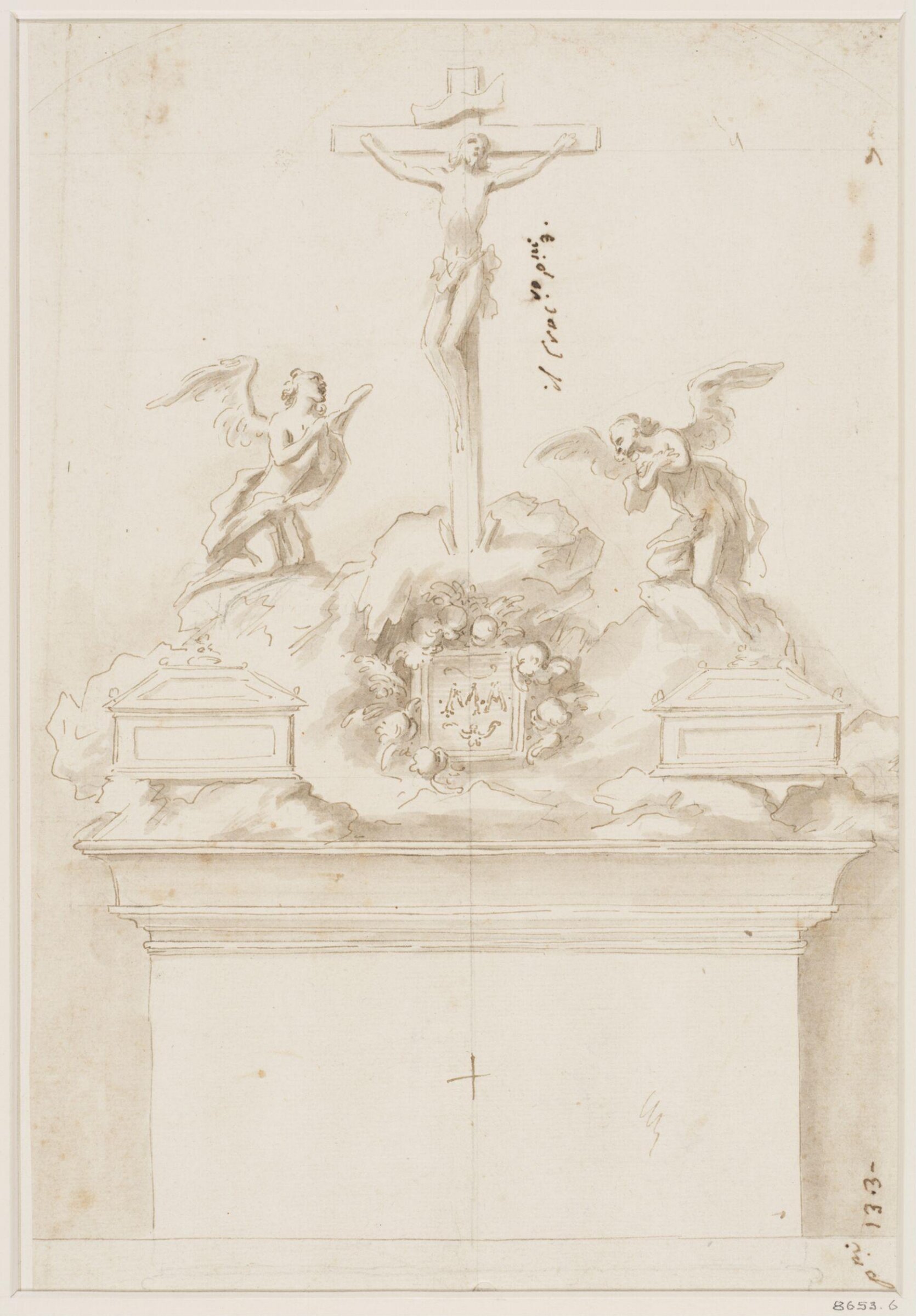 Design for an altar with a crucifix flanked by praying angels, Domenico Parodi, 1668-1740