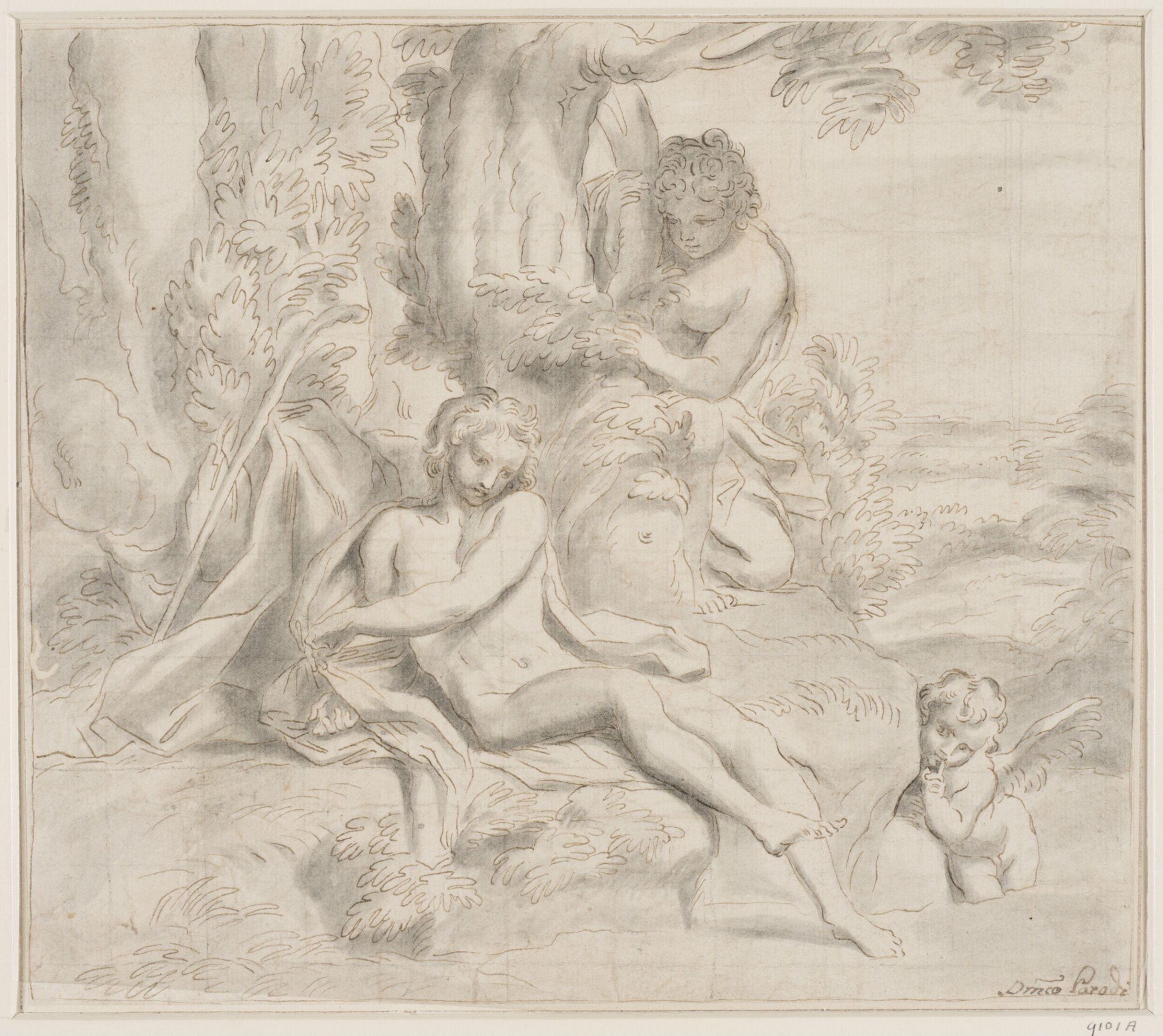 Narcissus and Echo (or Daphnis and Chloe) beside a stream, with Cupid, Domenico Parodi, 18th century