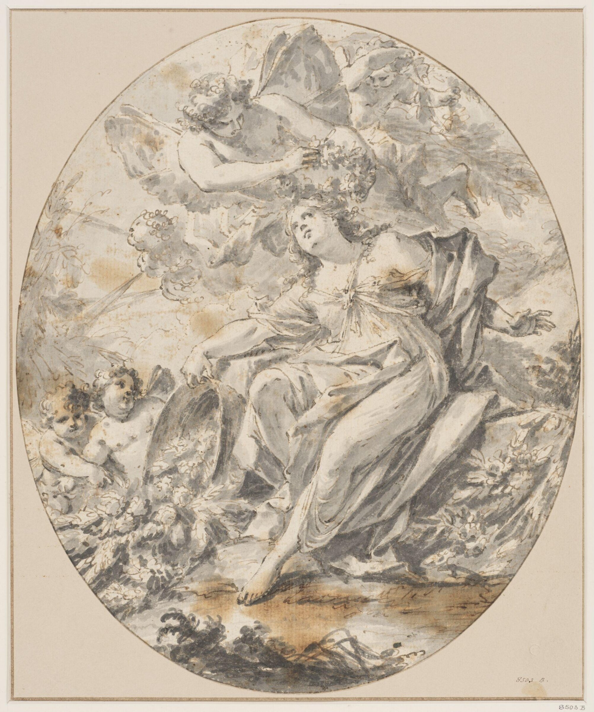 A winged youth places a wreath on the brow of a seated girl who empties a basket of flowers on the ground, Bartolomeo Palombo, 17th century