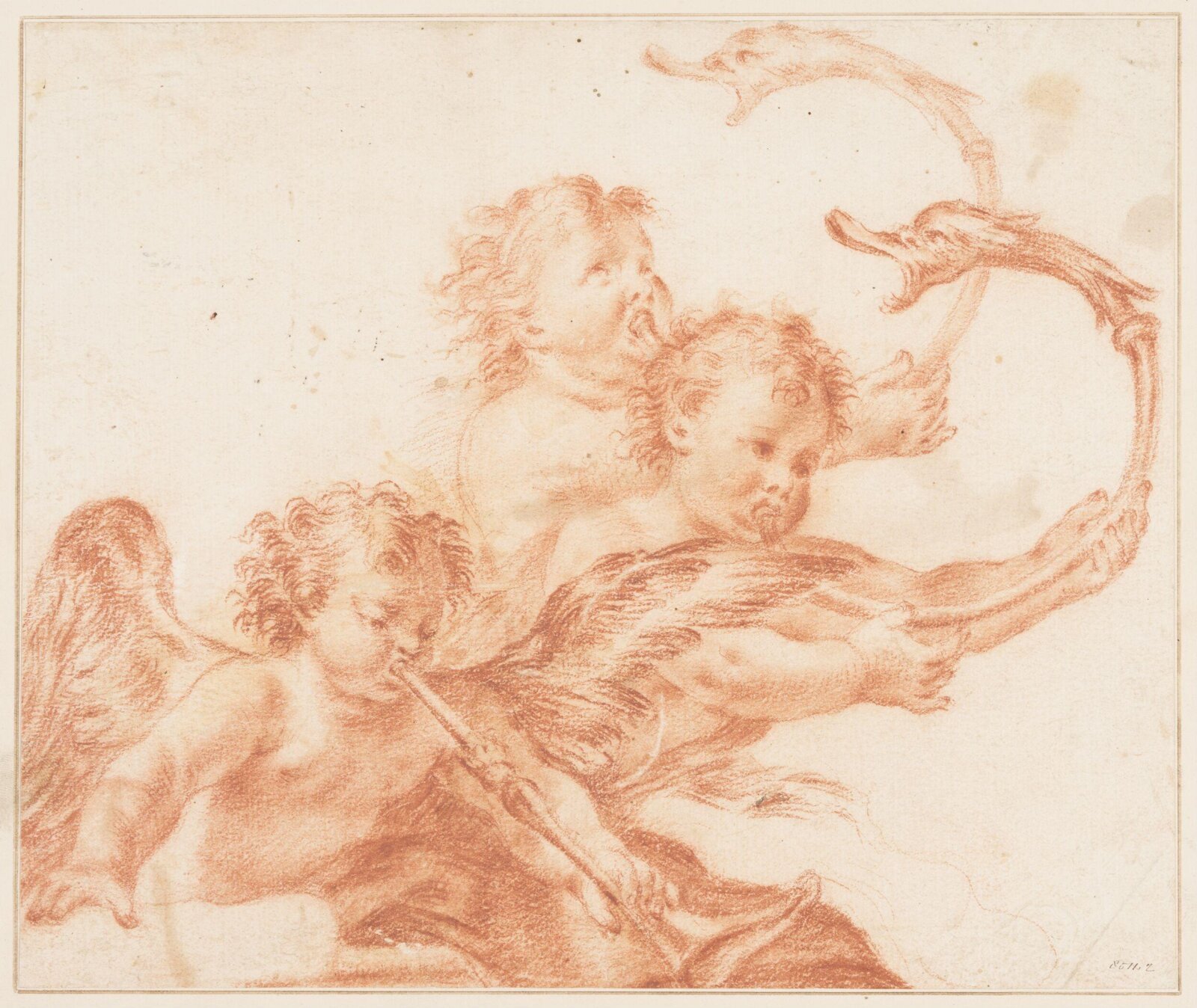 Three cherubs, half length, blowing trumpets, late 17th century