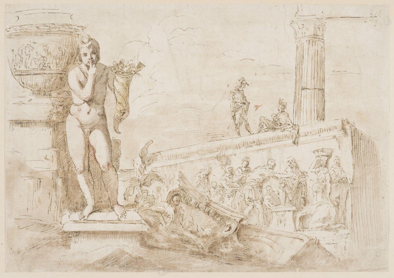 Roman ruins with two men conversing, mid 18th century