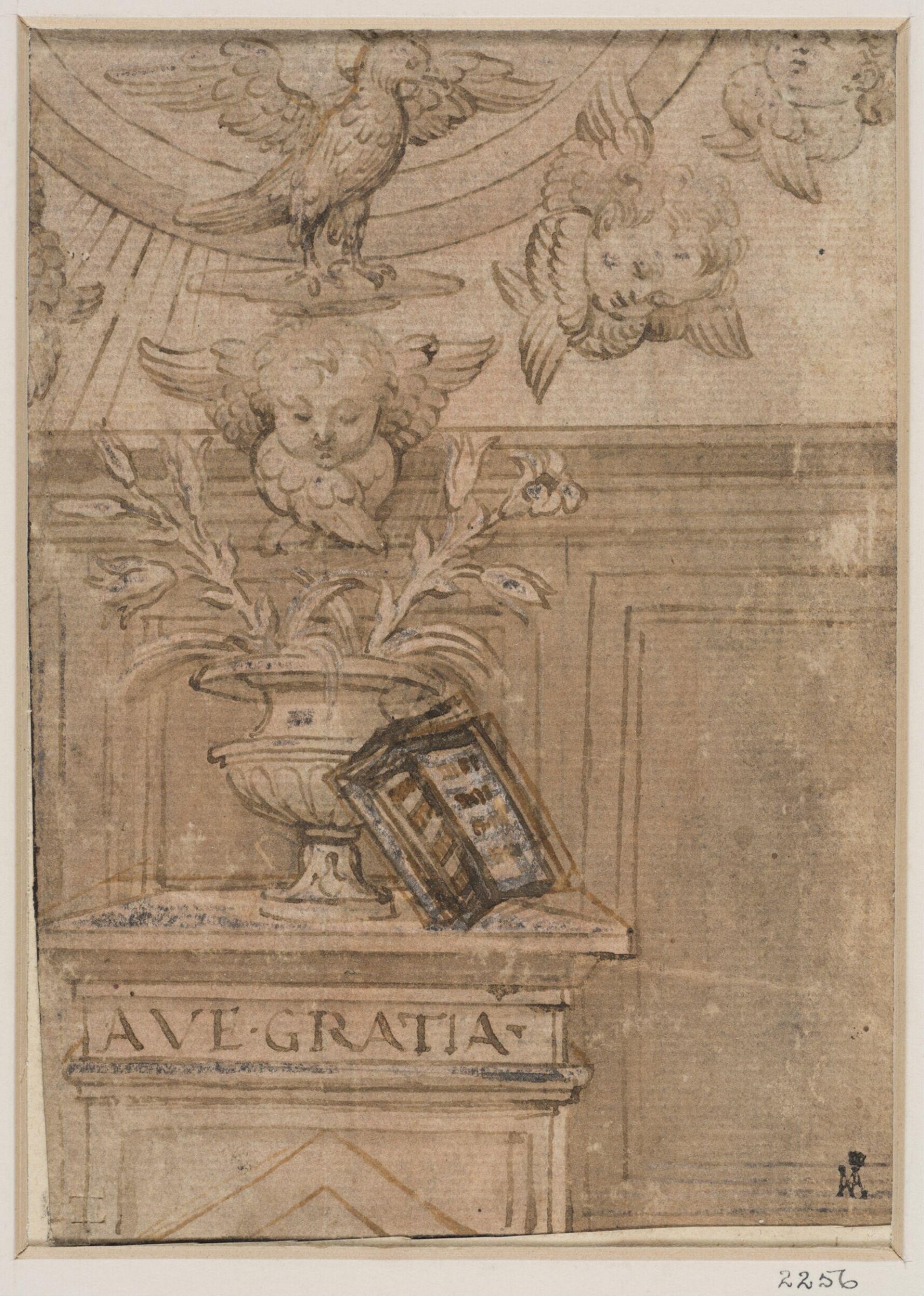 Fragment showing a cupboard with a vase of lilies and open book standing on it, and above it an interrupted circle of angels' heads grouped round a dove, Raphaelino del Garbo, late 15th century