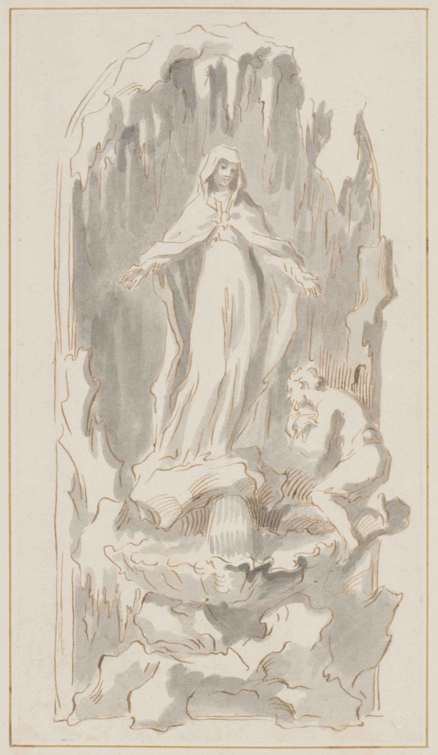 A man worshipping a female saint in a grotto, Domenico Parodi, 1668-1740