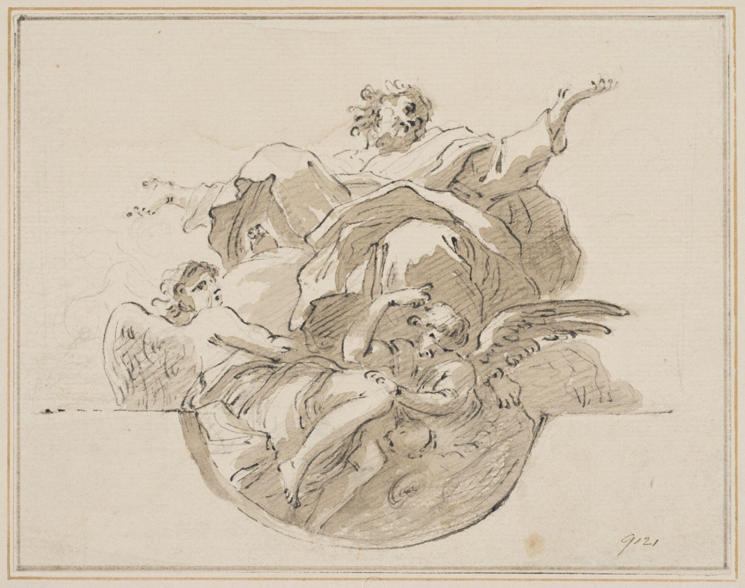 Part of a ceiling design; a saint or prophet supported in the air by two angels, Corrado Giaquinto, 18th century