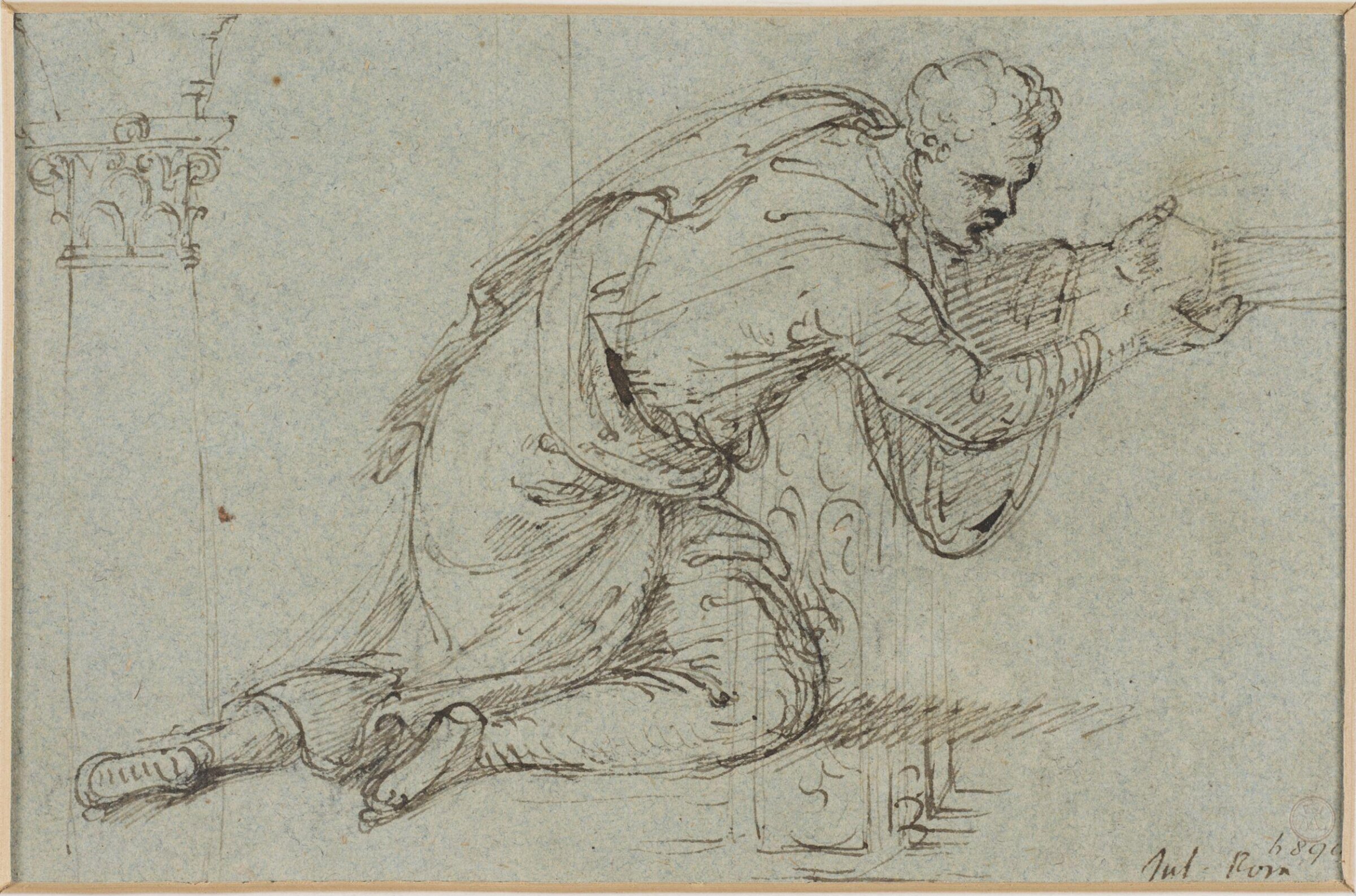 A kneeling man, holding a box; drawn over two slight sketches of architectural details, Giulio Romano, ca. 1530