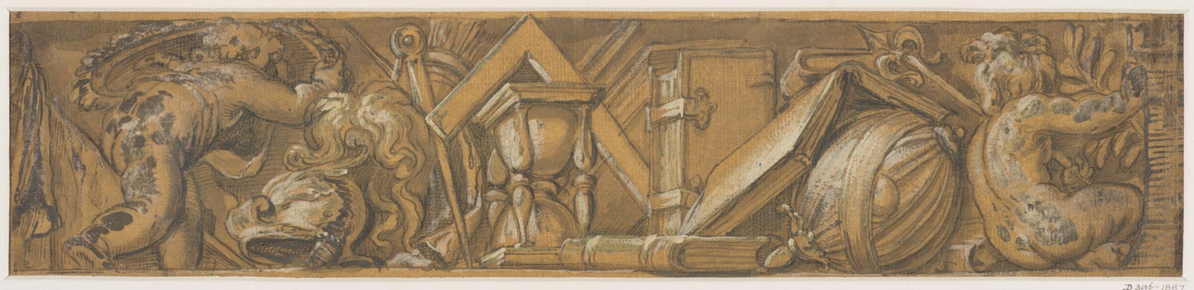 A frieze with two putti playing with some books, an hour glass, a helmet, a set-square etc, Paolo Farinati, 16th century