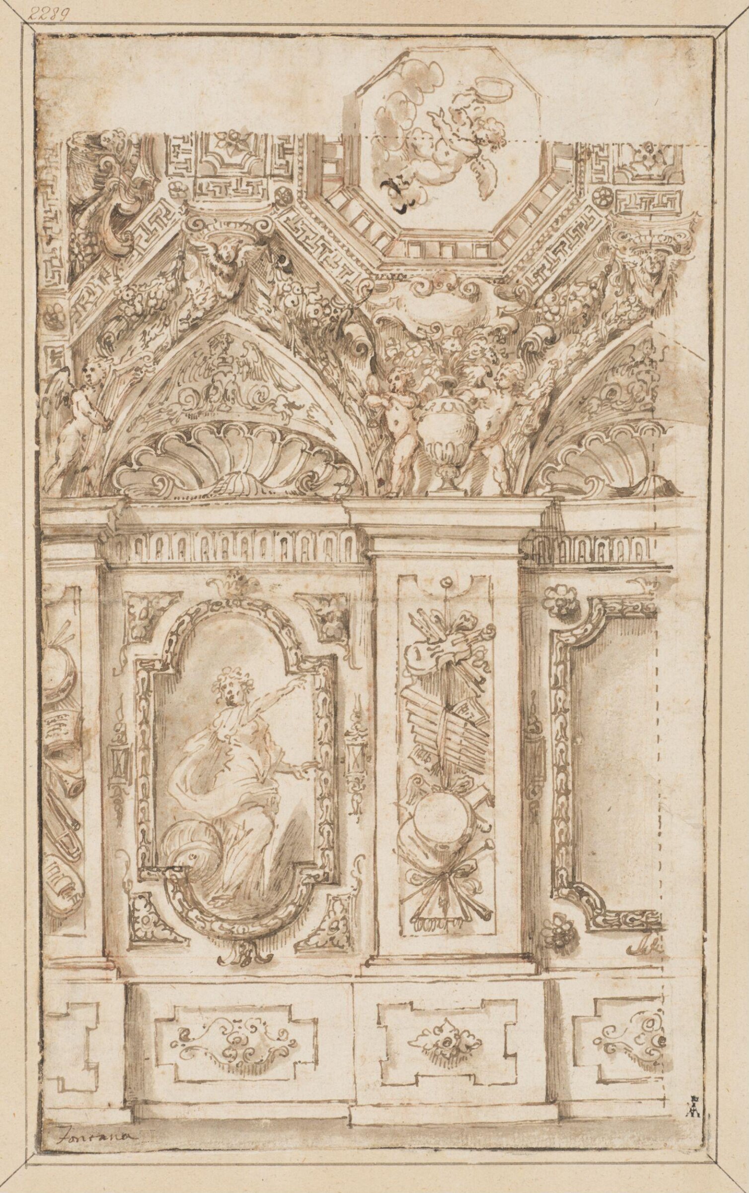 Design for the wall of a room and a vaulted ceiling, Carlo Fontana, 18th century