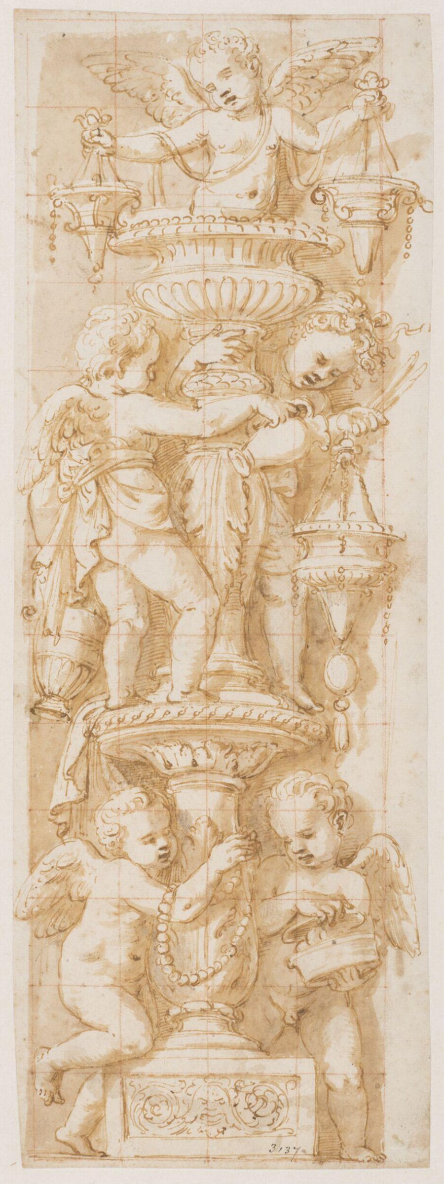 Design for the decoration of a pilaster: infant angels playing round the stem of a candelabrum, Giulio Romano, ca. 1500-1546