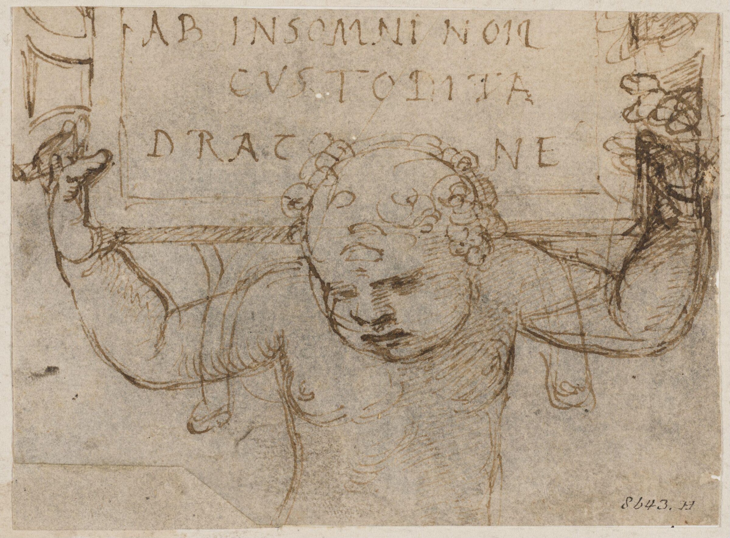 Fragment, showing the upper part of a putto bearing a rectangular tablet on his shoulders, Giulio Romano, ca. 1499-1546
