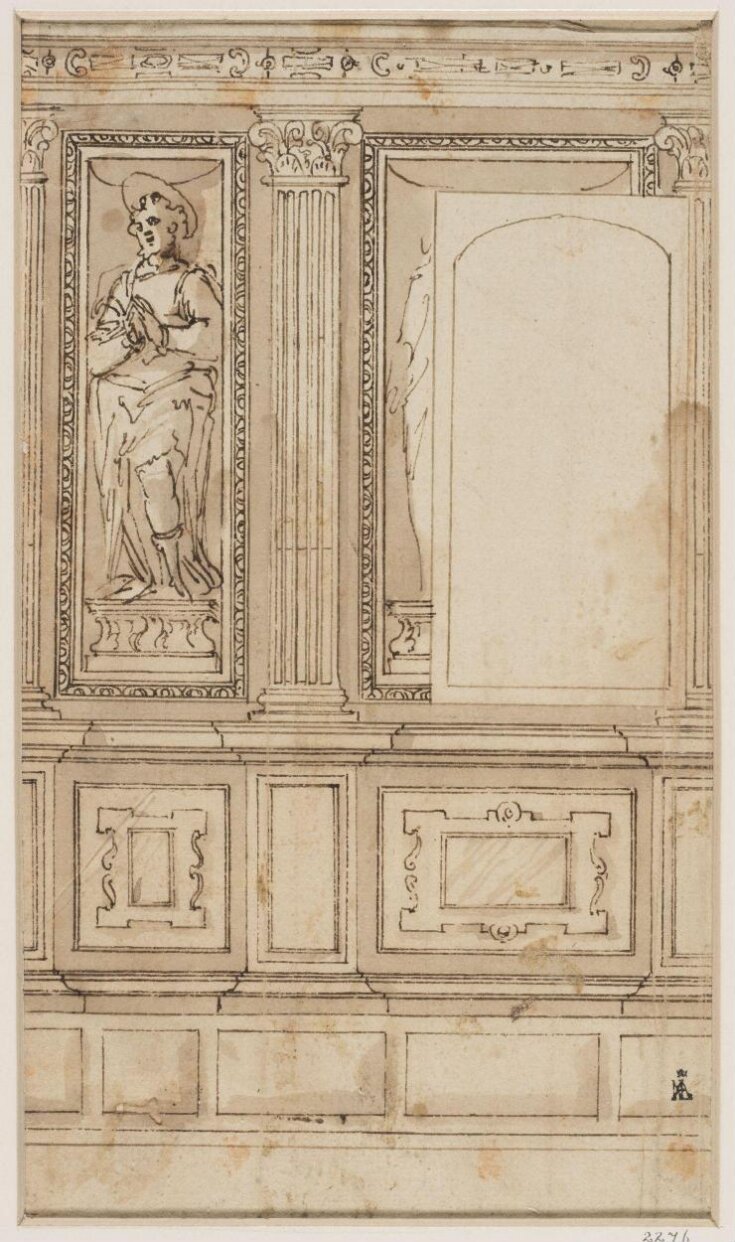 A design for panelling, with a picture of a saint inset top image