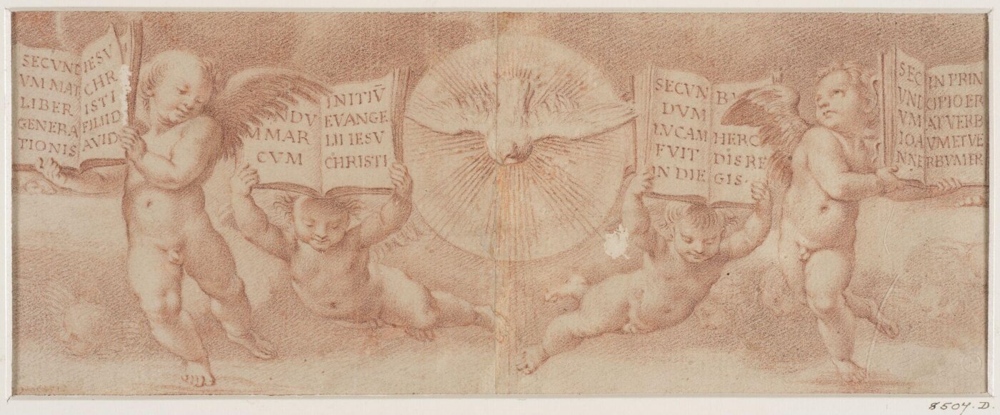 Unknown, Four cherubs holding up the four Gospels