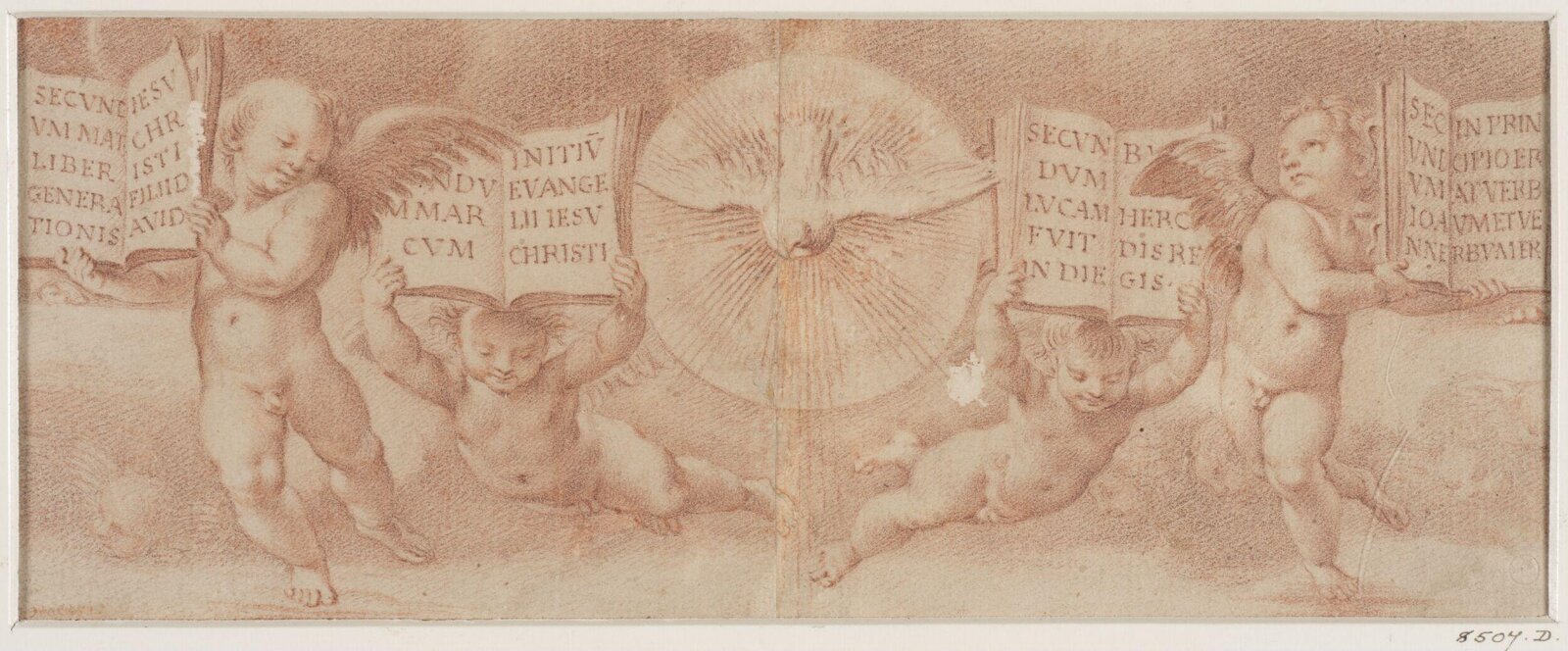 Four cherubs holding up the four Gospels, 16th century