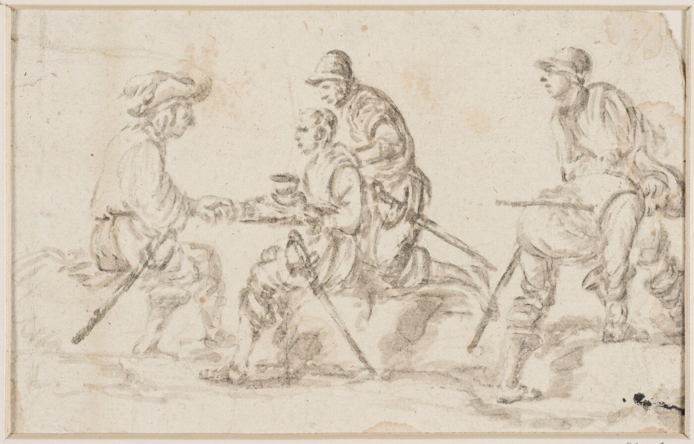 Unknown, A group of five soldiers, standing, sitting, kneeling and bending