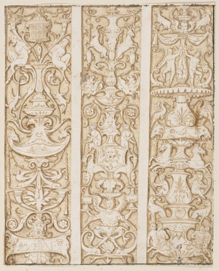 Designs (3 on 1 sheet) for panels of grotesque ornament top image