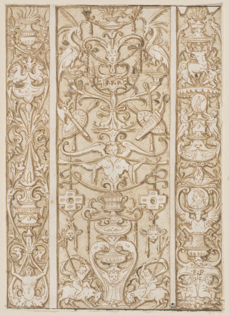 Designs (3 on 1 sheet) for panels of grotesque ornament top image