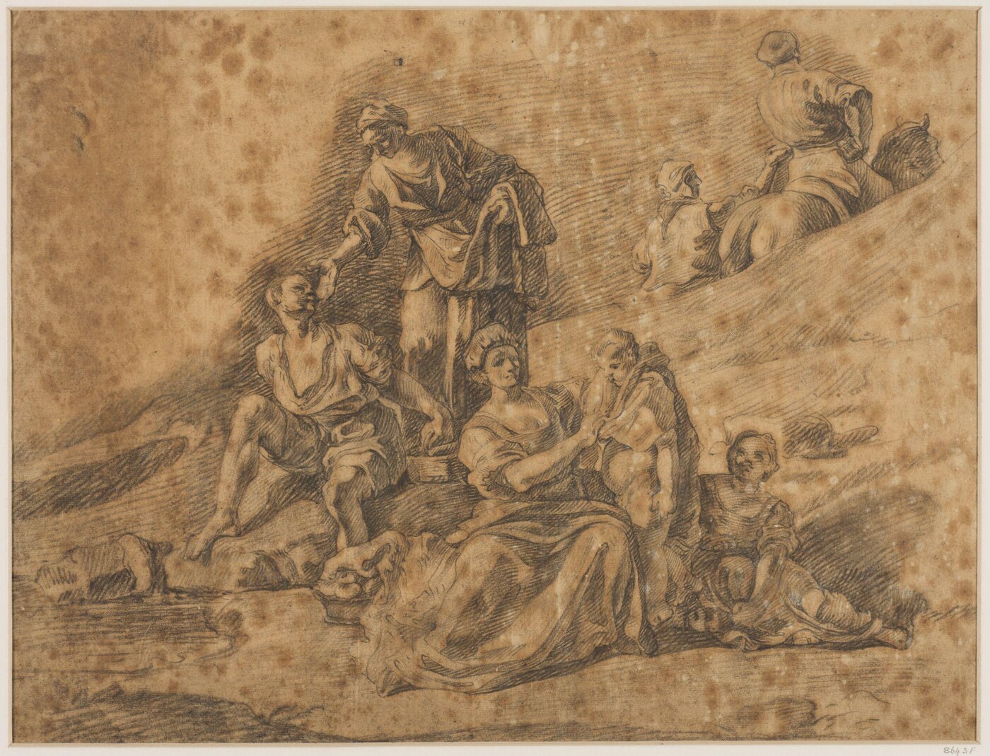 Unknown, A woman dressing a young boy, with other figures, by a stream