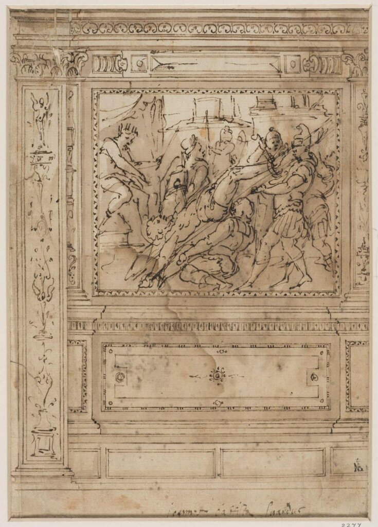 A design for panelling, with a picture of the Crucifixion inset top image