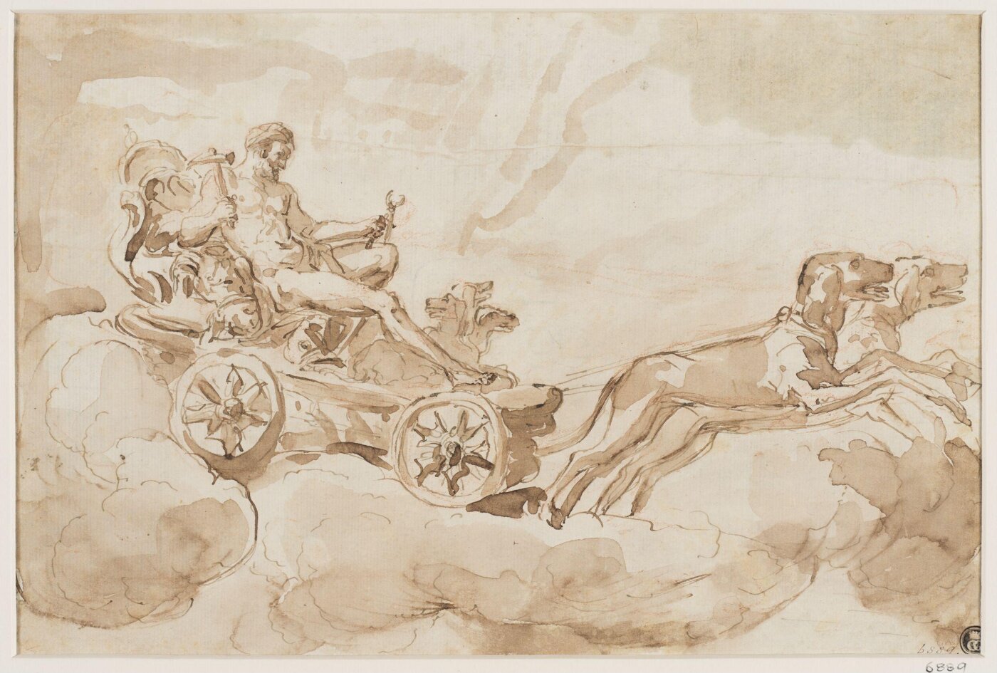 Unknown, Pluto on a chariot, with Cerberus at his feet, drawn through the sky by a pair of dogs