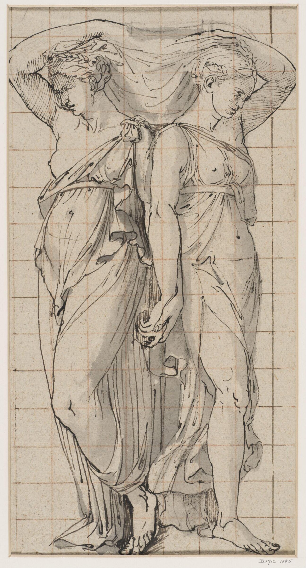 Two caryatidis with linked hands, copy after Raphael, 16th century