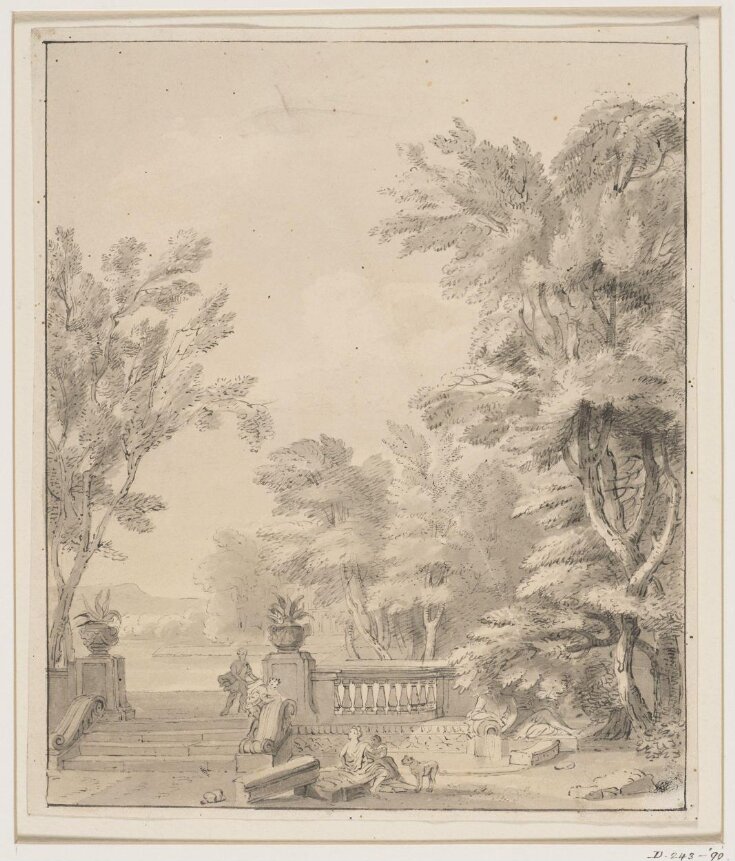 Classical Garden Scene with Figures Beside a Basin and a Fountain Pool Fed by a Statue of a River God top image