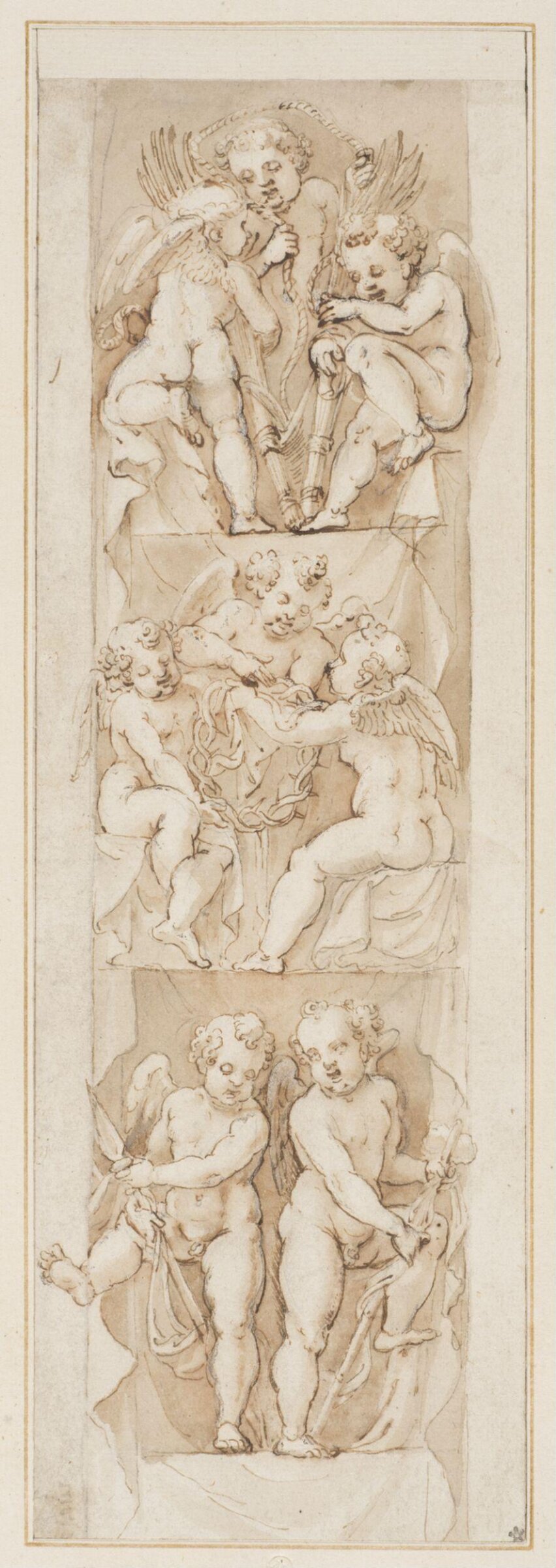 Panels of ornament with infant angels playing with the Instruments of the Passion, Girolamo Bedoli, 16th century