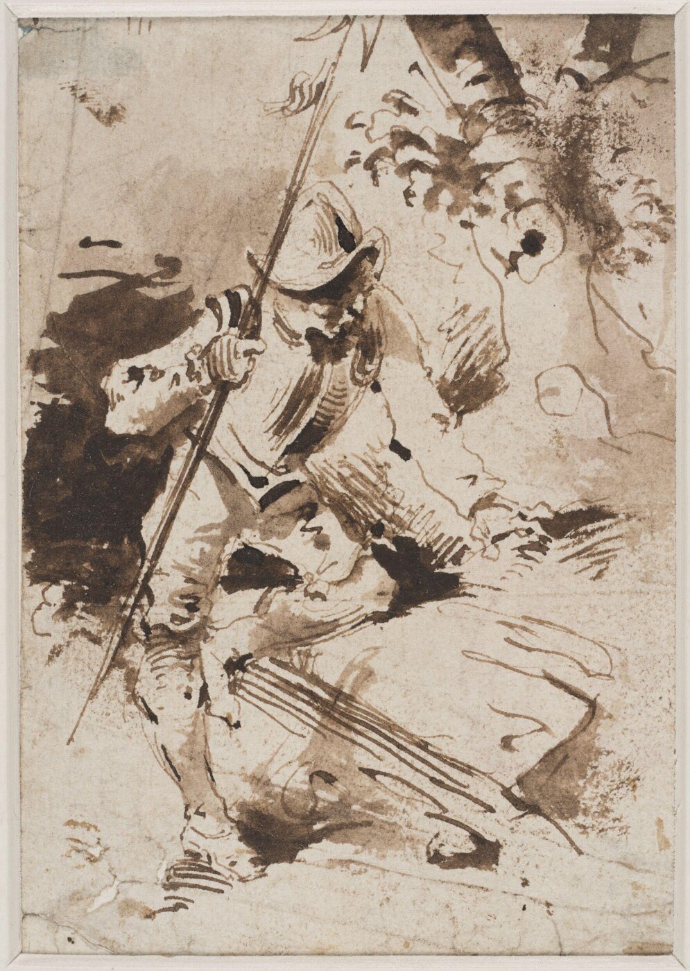 Salvator Rosa, A halberdier resting his left hand and knee on a  rock, with a tree in the backgroud