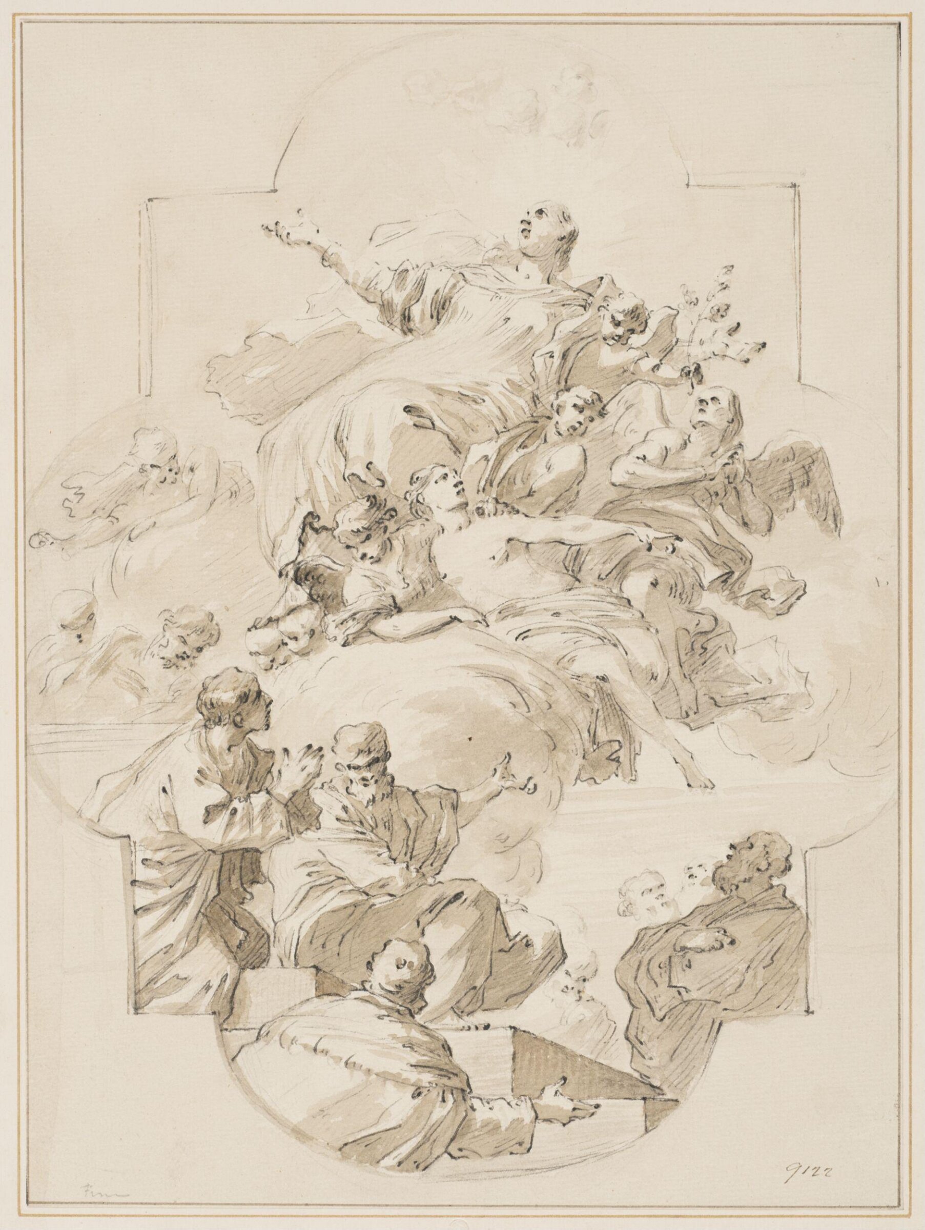 Ceiling design; the glorification of a female saint, witnessed by a group of theologians, Corrado Giaquinto, 18th century