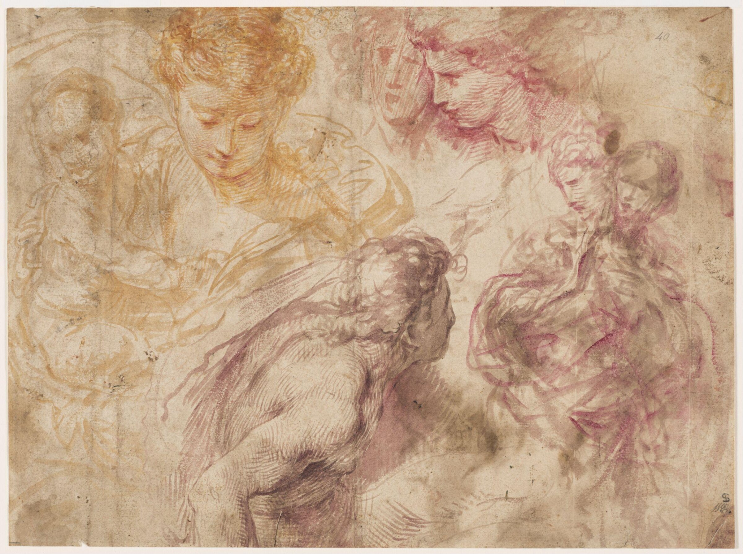 Studies of figures, including a Virgin and Child, the heads of two angels, a youth and a draped female., Giulio Cesare Procaccini