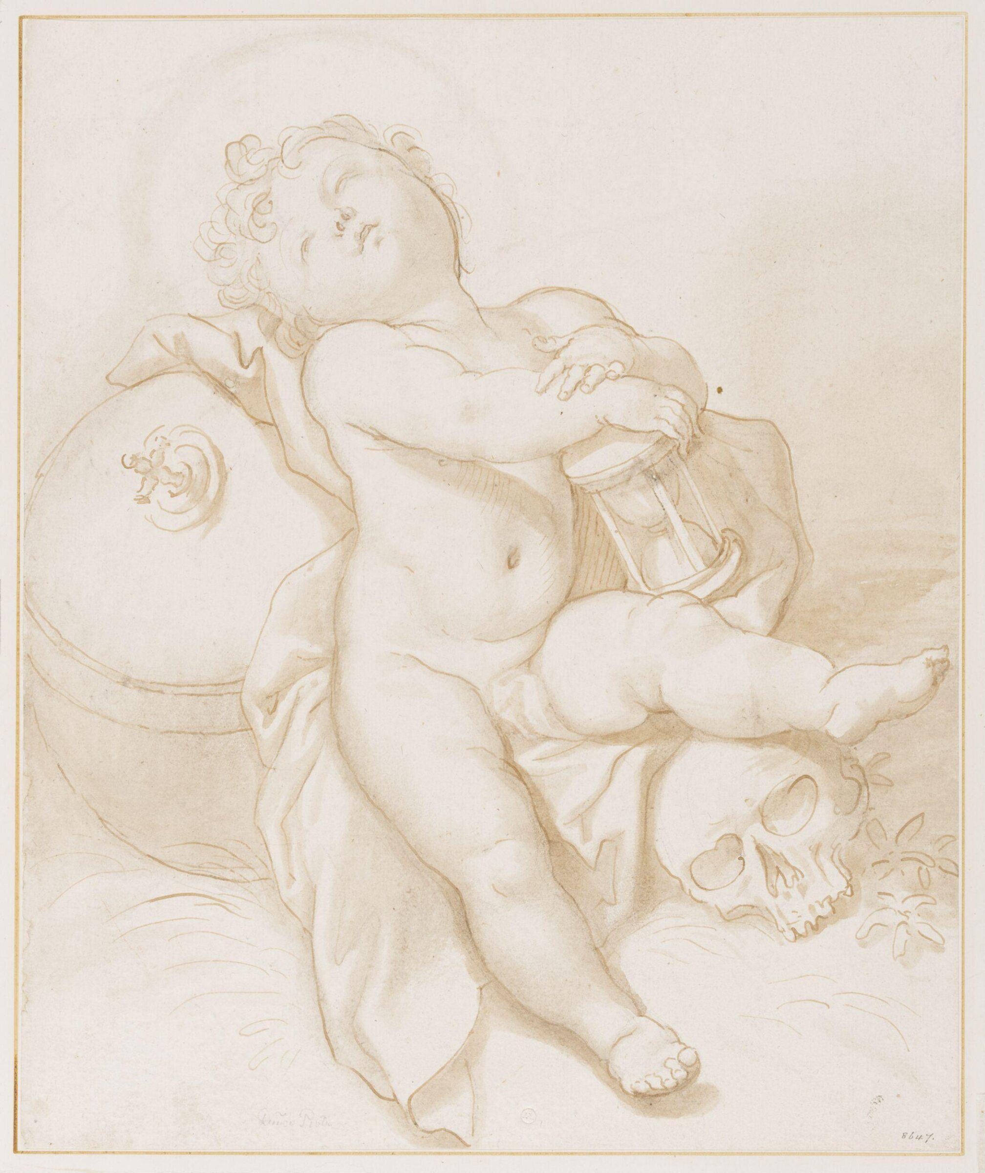 Memento mori: the Infant Christ asleep, learning against an orb, with His left foot resting on a death's-head and His hands on an hour glass, DOMENICO PIOLA, 1627-1703